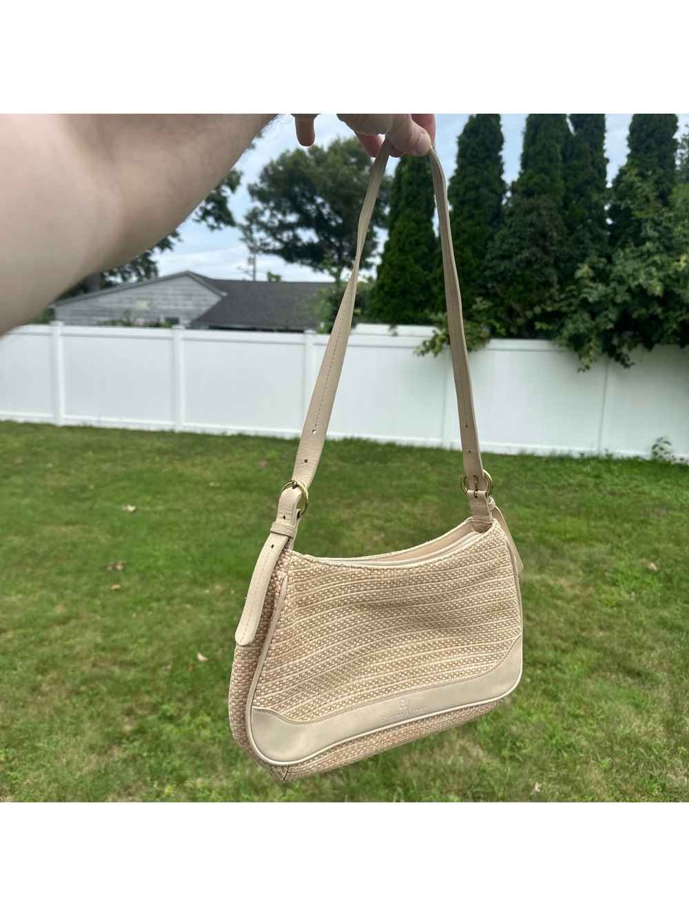 Etienne Aigner Woven Straw Shoulder Bag Cream Ivory Leather